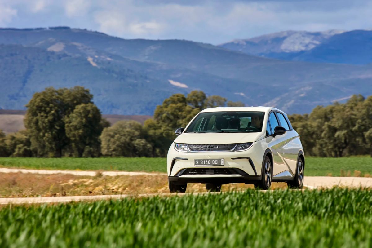 The new BYD Dolphin in white on a country road