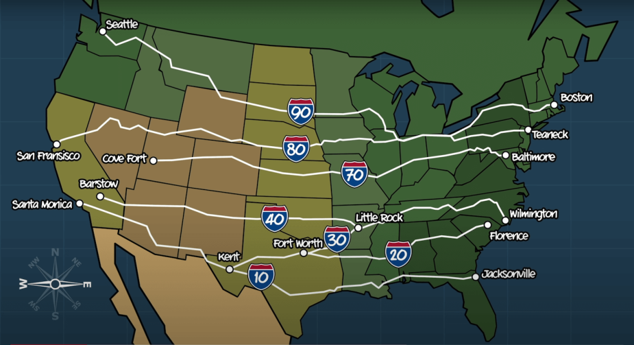 Map of all the major east-west divided highways in the USA interstate system.