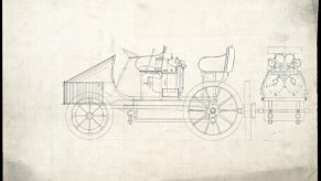 Blueprints of Ferdinand Porsche's first car, the Semper Vivus hybrid range-extended EV.