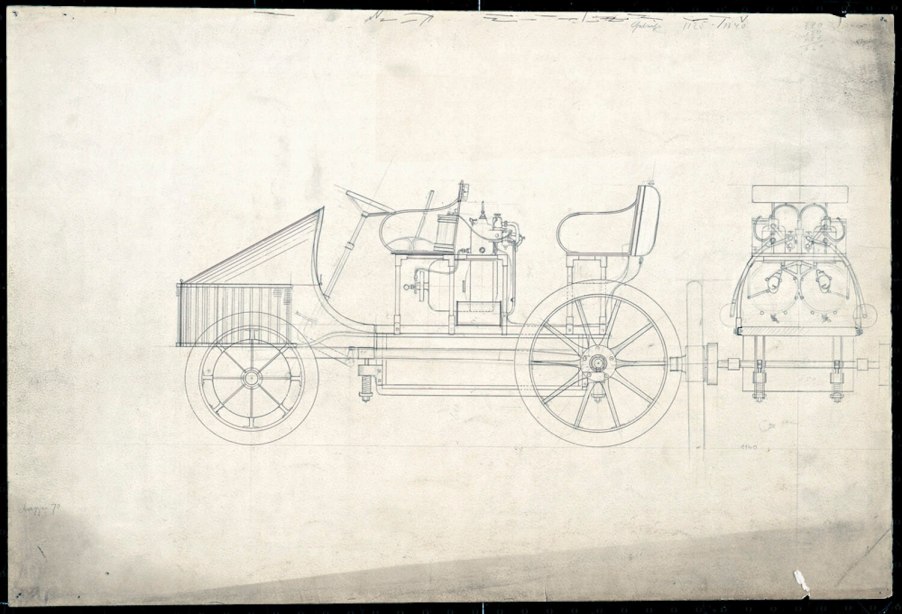 Blueprints of Ferdinand Porsche's first car, the Semper Vivus hybrid range-extended EV.