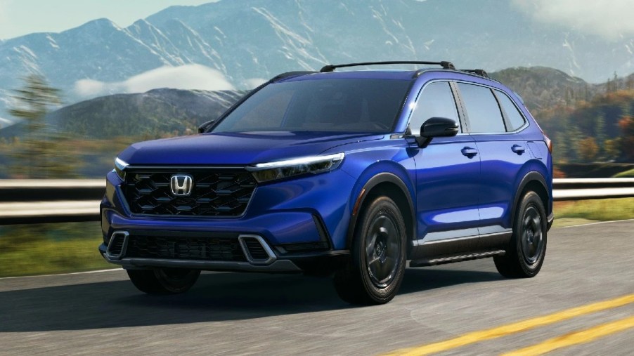 Front angle view of blue 2024 Honda CR-V compact SUV