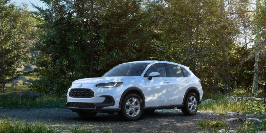 A white 2023 Honda HR-V subcompact SUV is parked outdoors.