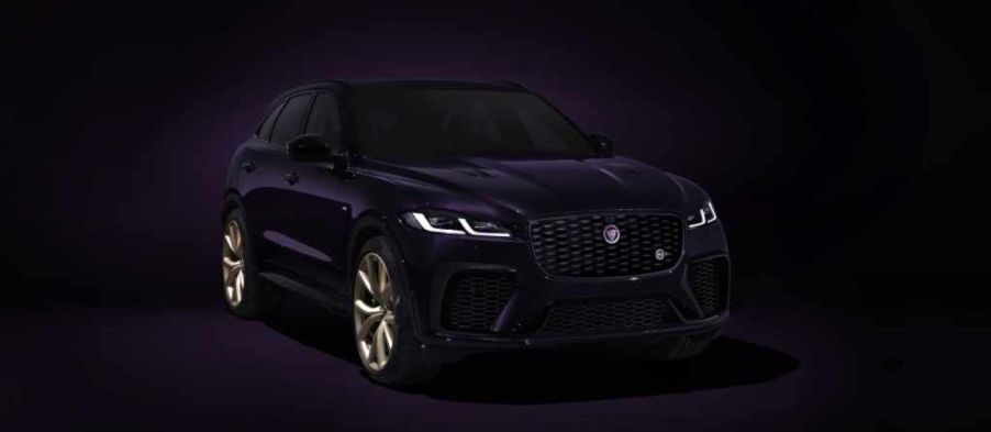 A purple Jaguar F-PACE on display.