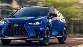 A blue Lexus NX small luxury SUV is driving on the road.