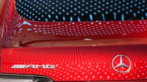 A red 2017 Mercedes-AMG GT Concept logo seen displayed at the Mercedes-Benz Museum.