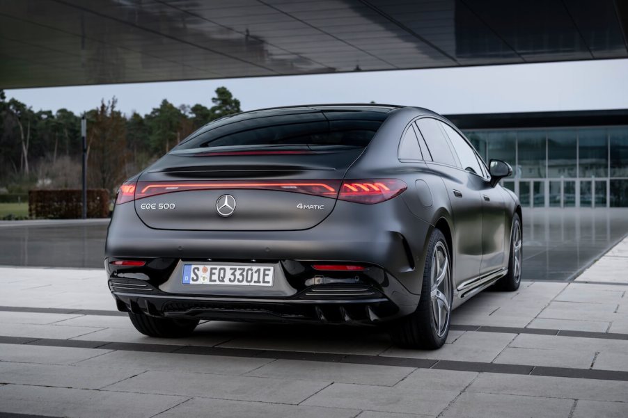 Rear exterior of a gray Mercedes-Benz EQE outside