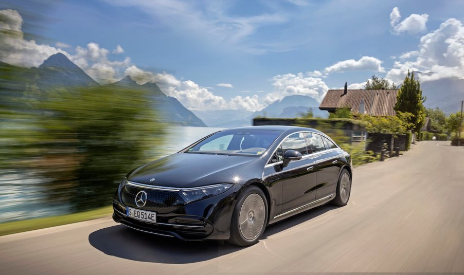 Mercedes EQS Sedan driving by the water