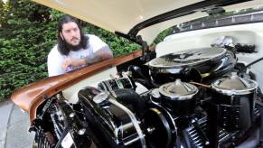 Under the hood of the Raiders' Robert Gallery's custom 1954 Cadillac Coupe DeVille luxury car in Dublin, California