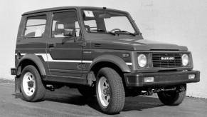 A black and white photo of a Suzuki Samurai.