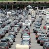 Lines of cars and trucks waiting at toll booths