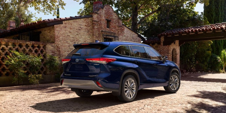 A blue 2023 Toyota Highlander Hybrid midsize SUV. 