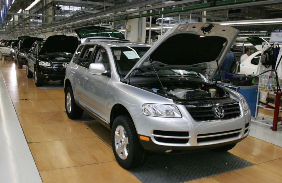 A 2004 Volkswagen Touareg on the assembly line from the era when VW produced a diesel V10 version of the SUV.