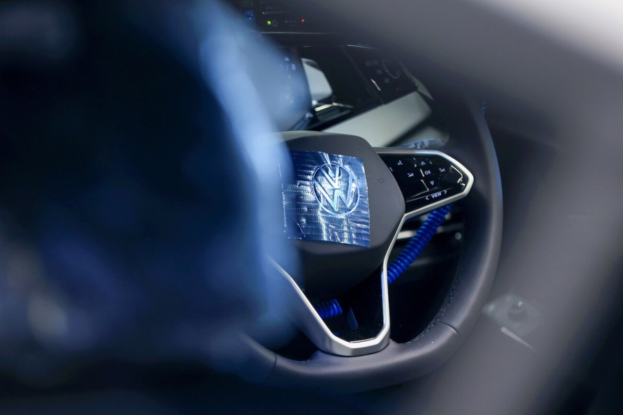 A steering wheel in a Volkswagen AG VW ID.3 electric sedan on the production line at the Volkswagen Sachsen GmbH plant in Zwickau, Germany