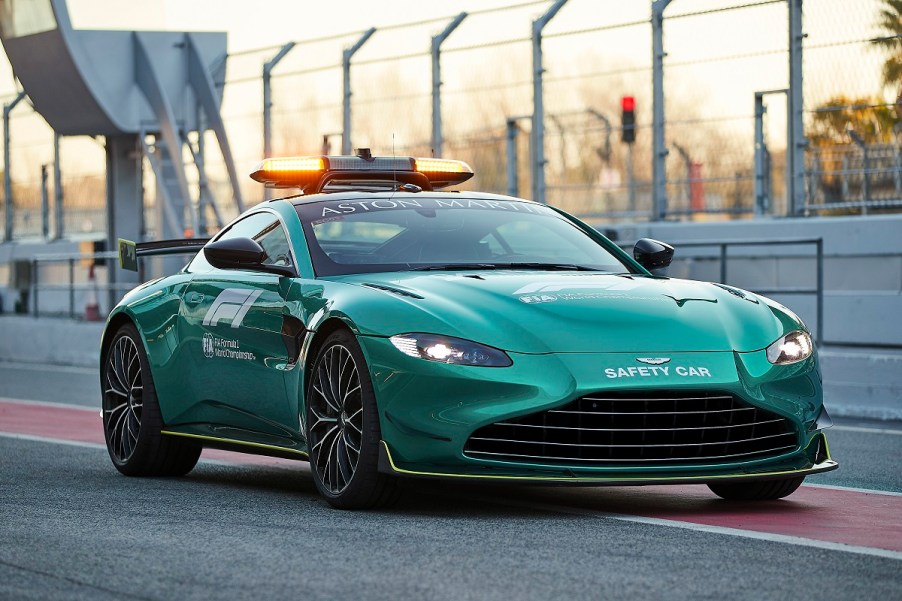 2023 Aston Martin Safety Car in green parked oon a race track