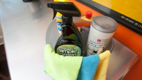 A bucket of cleaning products