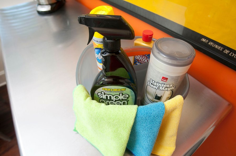 A bucket of cleaning products