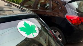 A green leaf sticker, symbolic of the Green Choice Consumer Reports program, seen in Krakow, Poland