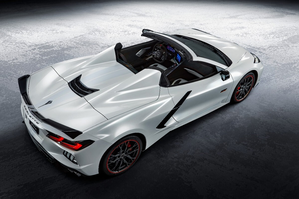 A C8 Chevrolet Corvette Stingray Convertible Anniversary Edition shows off its drop top. 