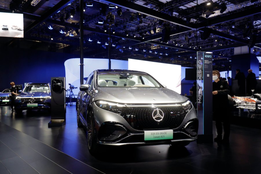 A Mercedes-Benz Group AG EQS 450 4Matic sport utility vehicle (SUV) at the Shanghai Auto Show. The 2023 EQS SUV is one of the best EVs in the automaker's lineup.