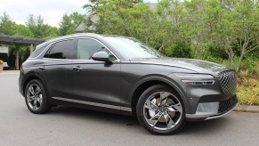 The 2023 Genesis Electrified GV70 parked outside on a cloudy day