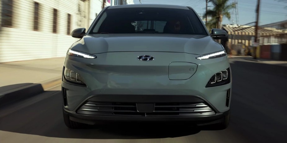 A gray 2023 Hyundai Electric subcompact electric SUV. 