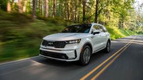 The most expensive Kia model, the 2023 Kia Sorento PHEV in white, driving along a forest road.