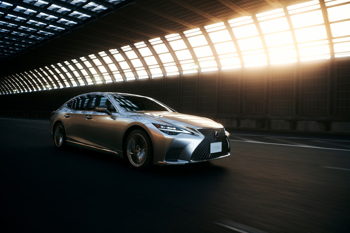 2023 Lexus LS 500h driving through a tunnel