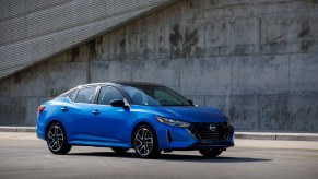 A blue 2024 Nissan Sentra on display.