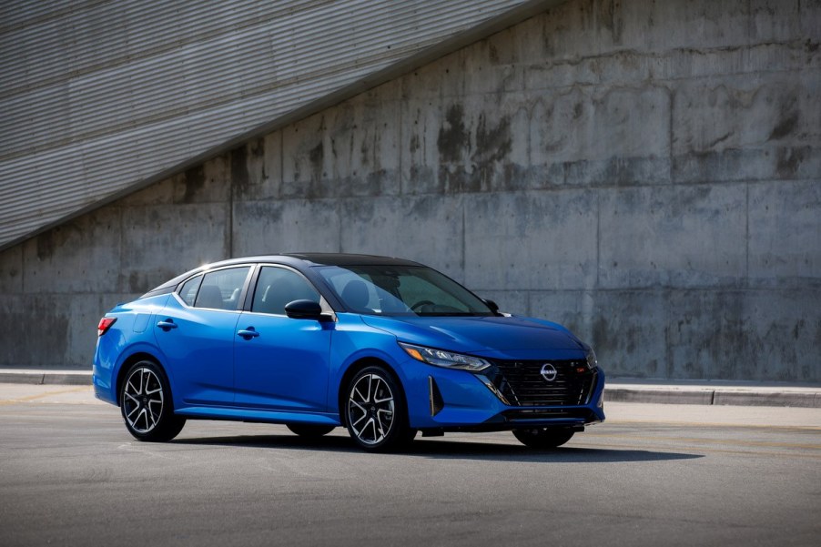 A blue 2024 Nissan Sentra on display.