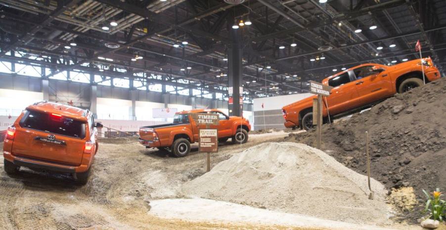 The 4Runner midsize SUV, Tacoma midsize pickup truck, and Tundra full-size pickup on the Timber Trail