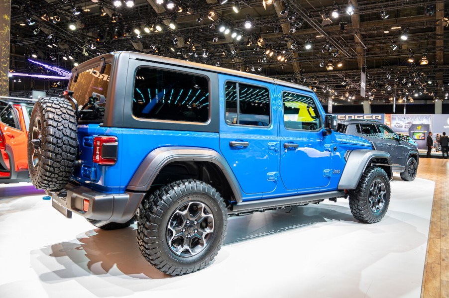 The not affordable Jeep Wrangler Rubicon Plug-in Hybrid in blue off road vehicle at Brussels Expo