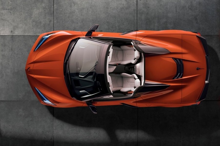 An orange Chevrolet Corvette shows off its drop-top.