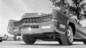 A black and white photo of a Cadillac Eldorado FWD model with an egg-crate grille from the 1967 Chevrolet lineup