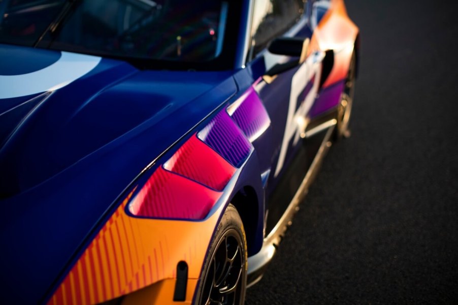 A new Ford Mustang GT3 shows off its livery at sunset.