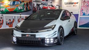 A photo of the front of the Toyota GR Prius Le Mans concept, featuring a quartet of LED foglights flanking the car's honeycomb grille.