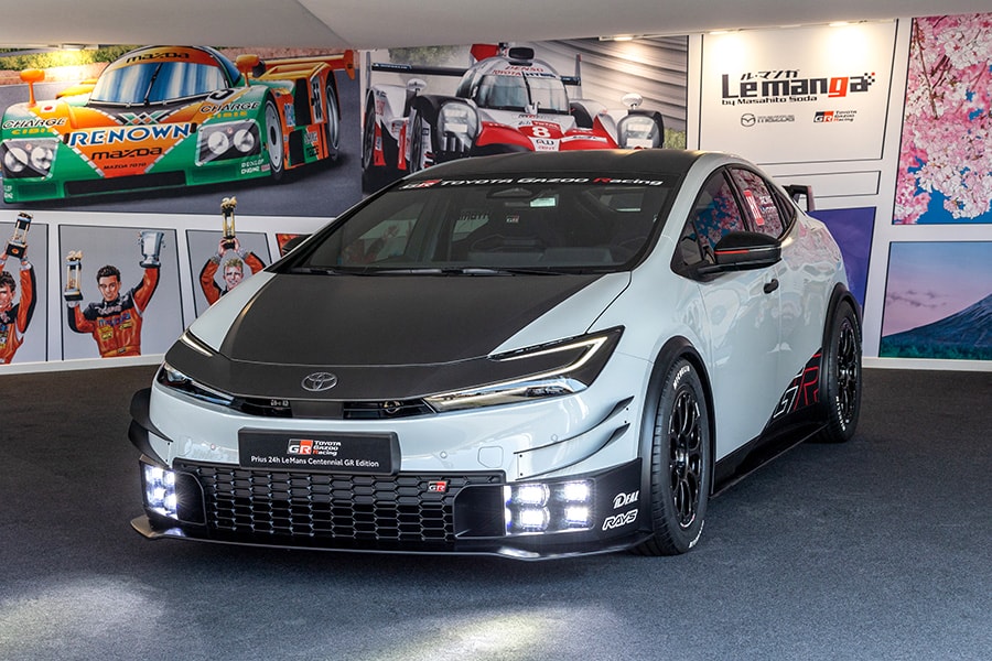 A photo of the front of the Toyota GR Prius Le Mans concept, featuring a quartet of LED foglights flanking the car's honeycomb grille.