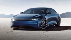 A blue Lucid Air electric car.