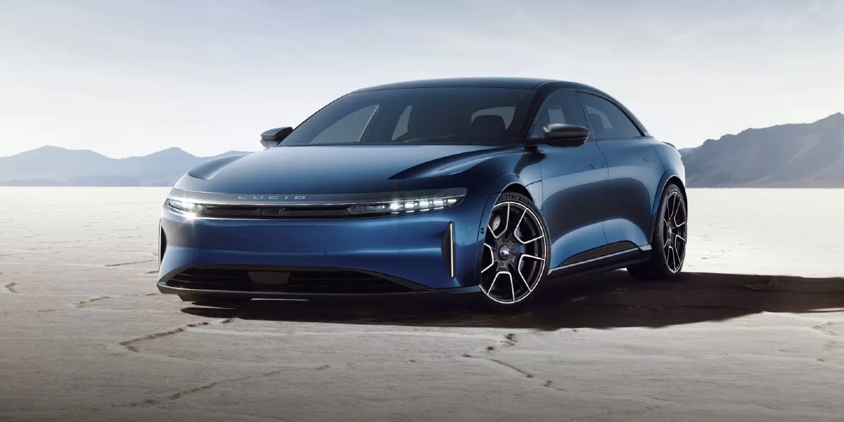 A blue Lucid Air electric car.