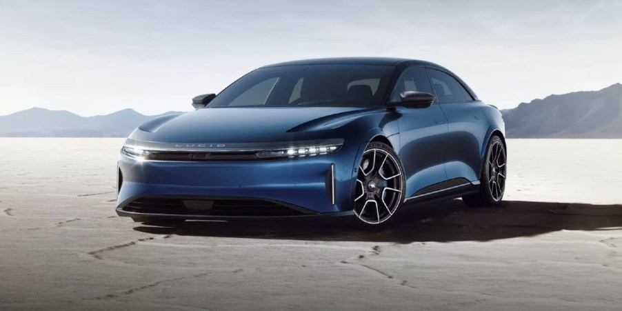 A blue Lucid Air electric car.