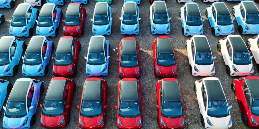 Aerial view of Chery electric cars sitting parked at a factory of Chery New Energy Automobile Co., Ltd.