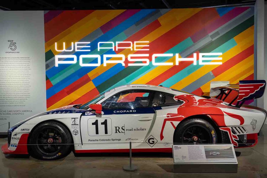 Porsche Race Car on display at the beginning of the We Are Porsche exhibit at the Petersen Automotive Museum