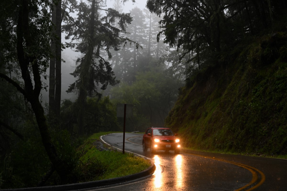 Driving on a back road in the rain