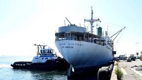 The SS Lane Victory moving from Berth 50 to 52 in San Pedro, California