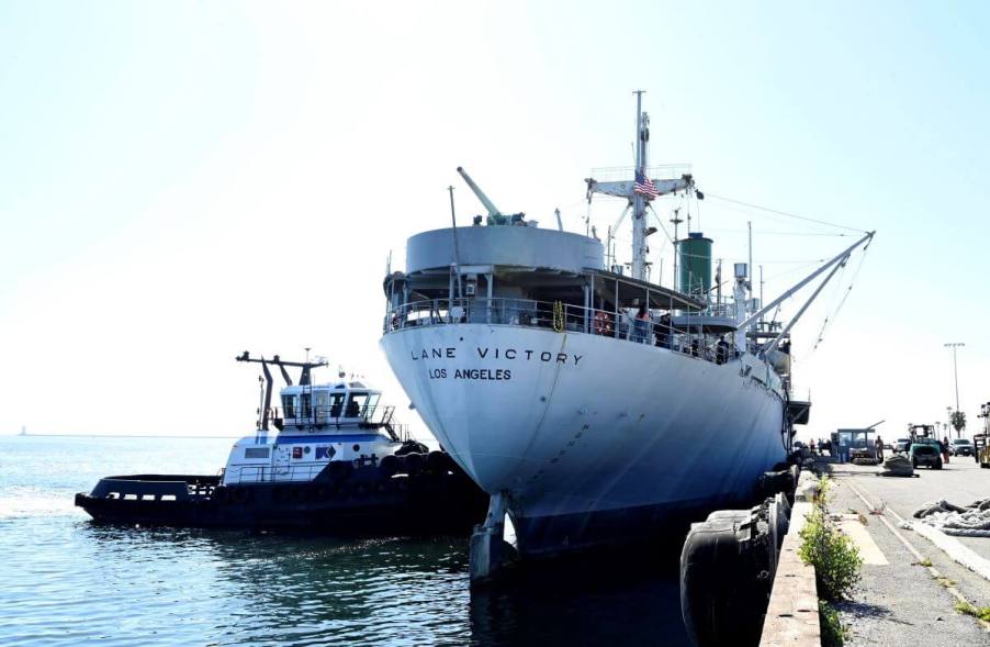 The SS Lane Victory moving from Berth 50 to 52 in San Pedro, California