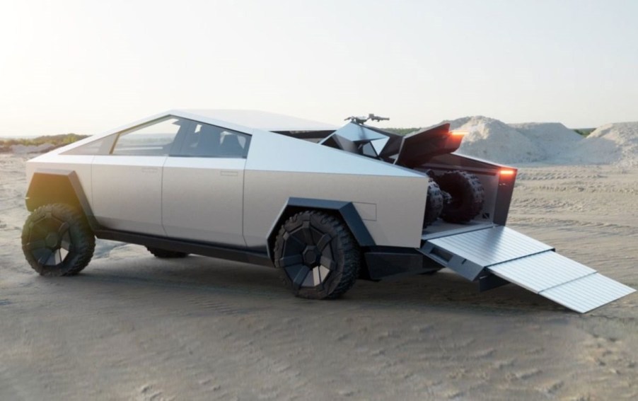 The Tesla Cybertruck with a bike in the bed