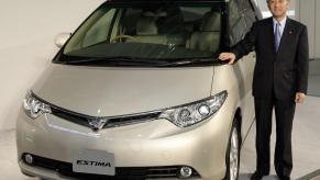 Toyota Motors President Katsuaki Watanabe introducing the company's new Toyota Estima minivan model