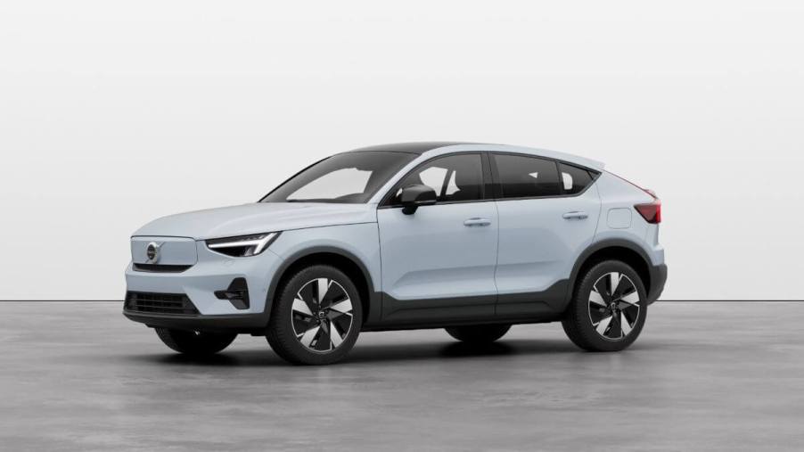 A promotional photo of the 2023 Volvo C40 Recharge all-electric subcompact luxury SUV model