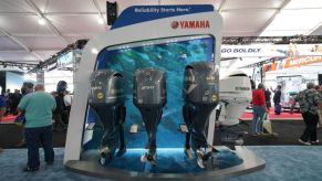 Yamaha outboard motors on display at the Miami Boat Show.