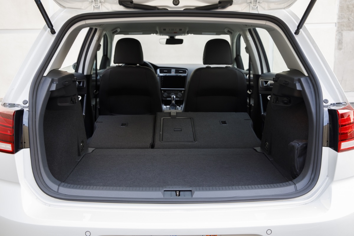 The trunk of the Volkswagen e-Golf hatchback with the rear seats folded down