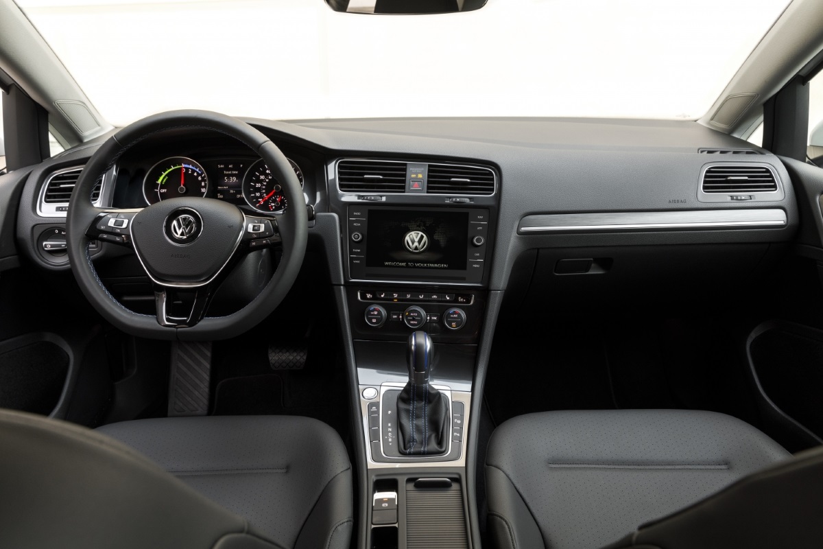 The VW e-Golf interior, showing the electric Volkswagen's steering wheel and infotainment system